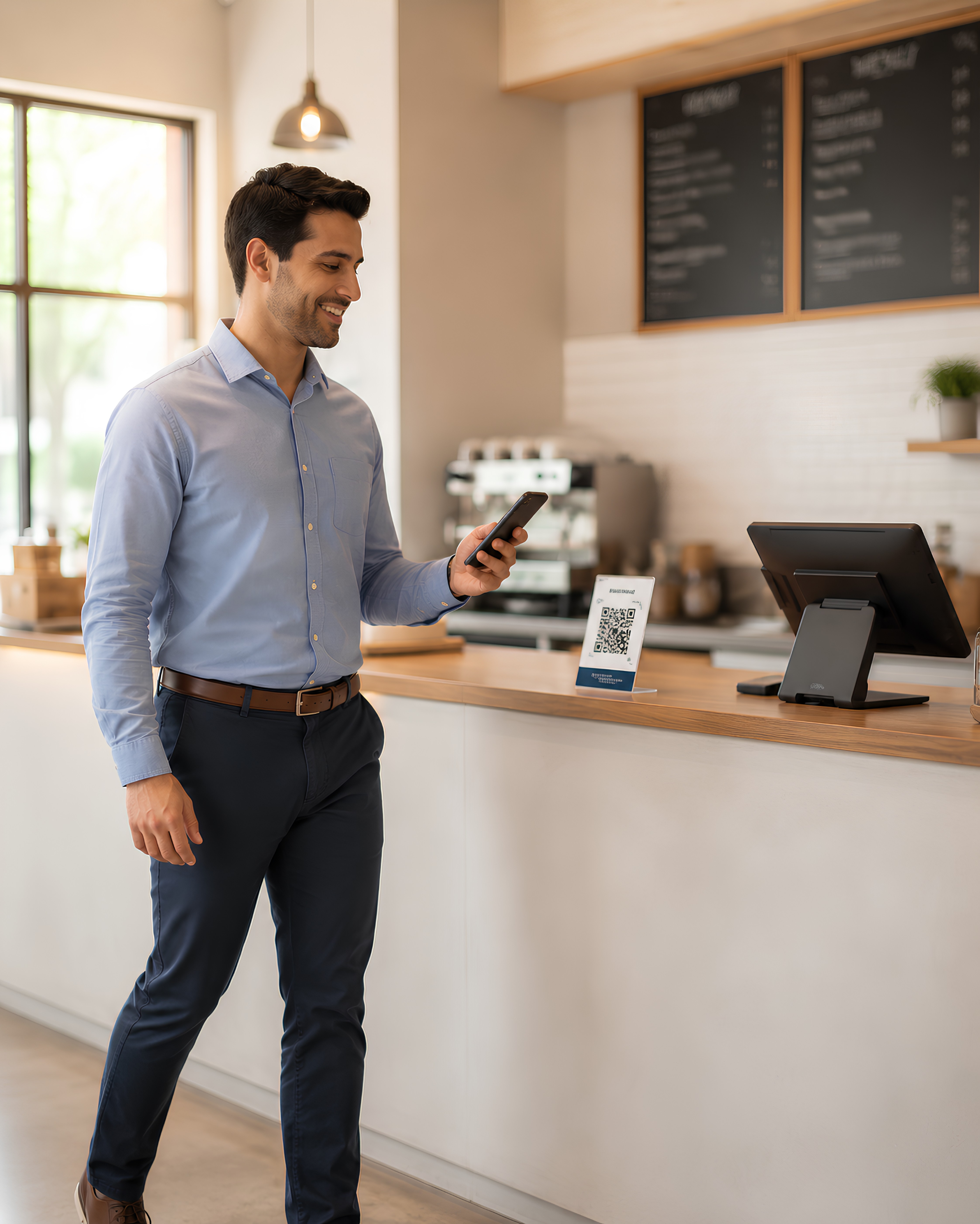 Employee opening ThinkFit wallet app at a café counter