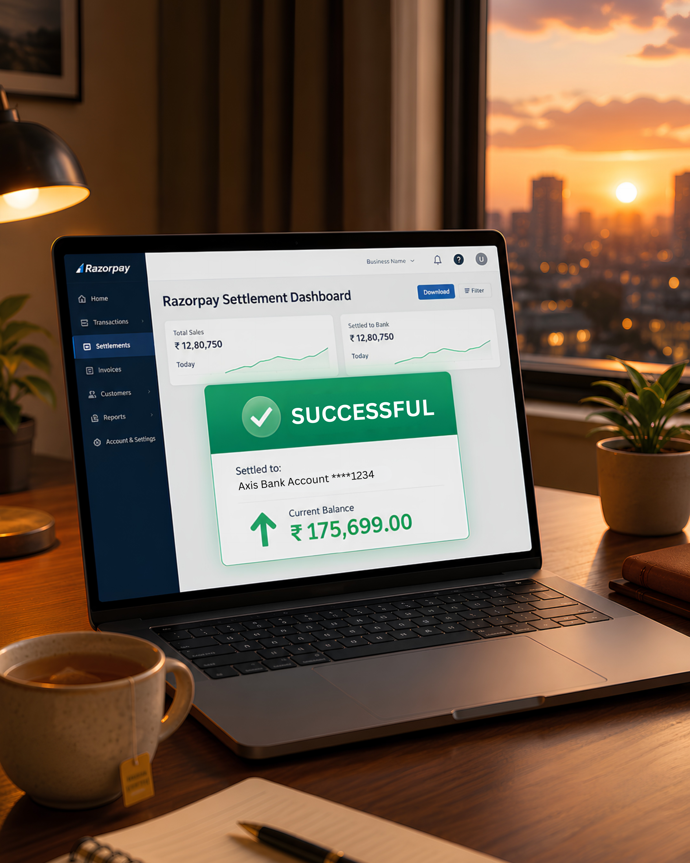 Razorpay settlement dashboard showing successful payout